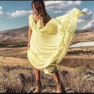Zara, Yellow Pleated Maxi Ruffle Dress, Size XS